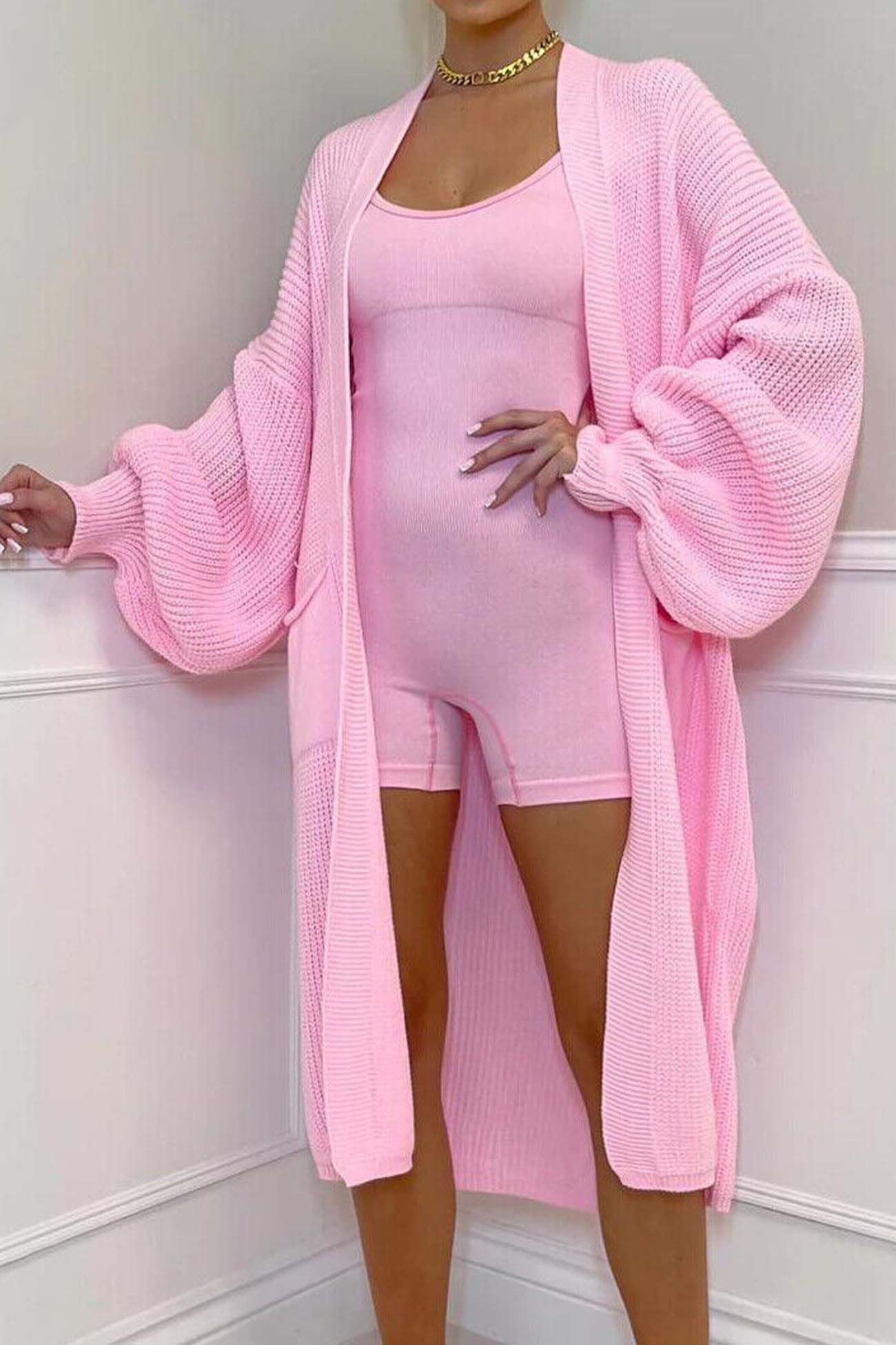 Long Cardigan with Dropped Shoulders and Wide Sleeves with Pockets