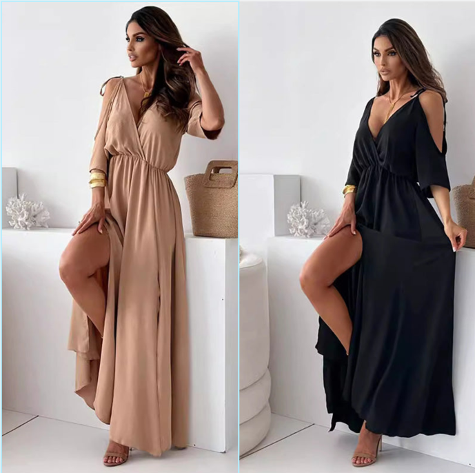 Elegant long dress with a crossover neckline and flowing side slit