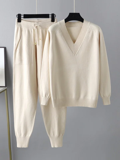 Delia Set: Comfortable Elegance with V-Neck Sweater and Harem Pants