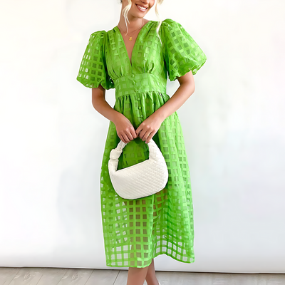 Elegant summer midi dress with short puff sleeves