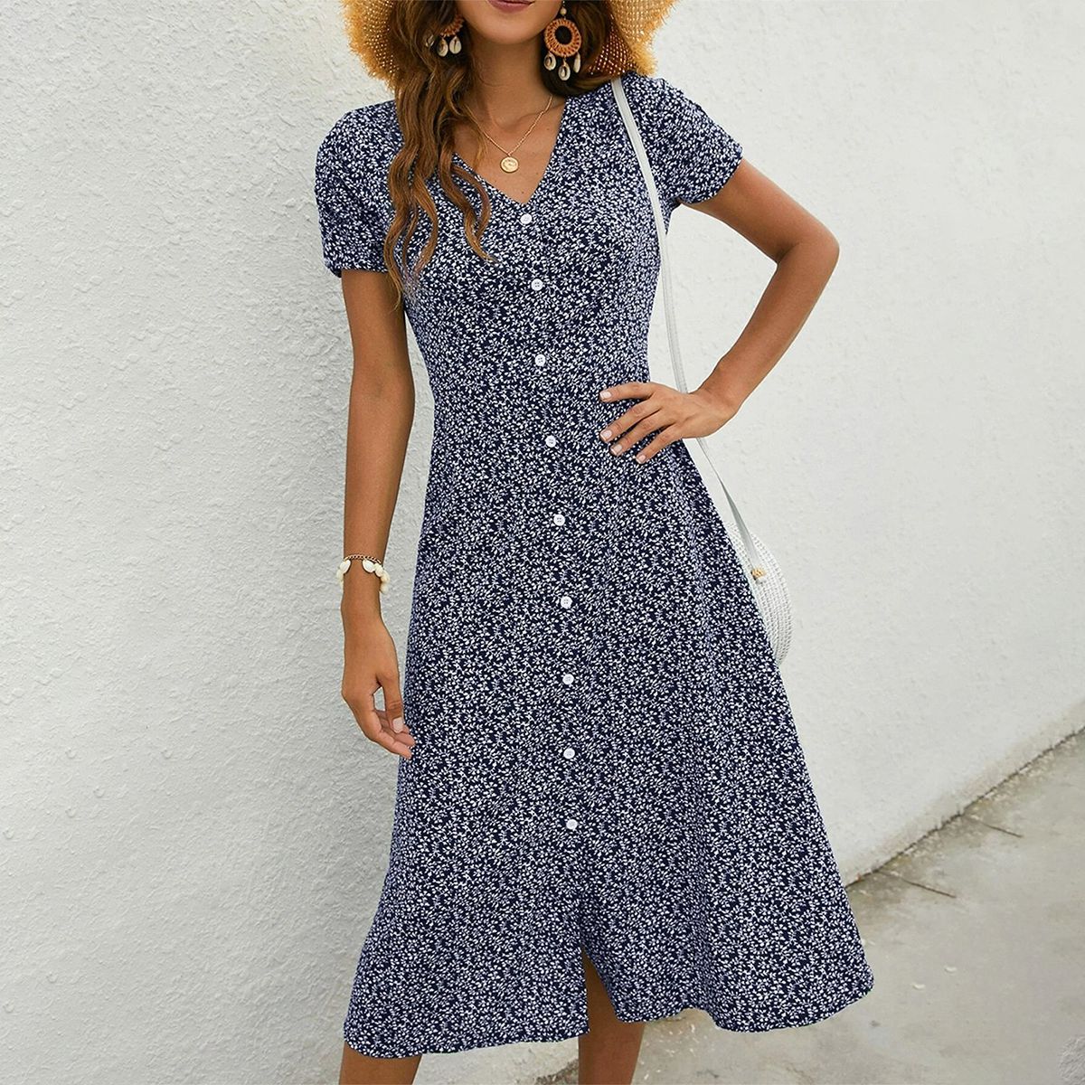 Mila - Navy blue short-sleeved V-neck midi dress