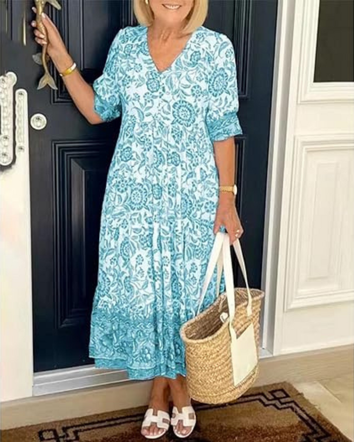 Long printed summer dress with short sleeves for an elegant look