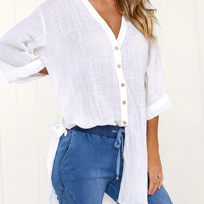 Emma - Casual Solid Color Short Sleeve Neckline Blouse