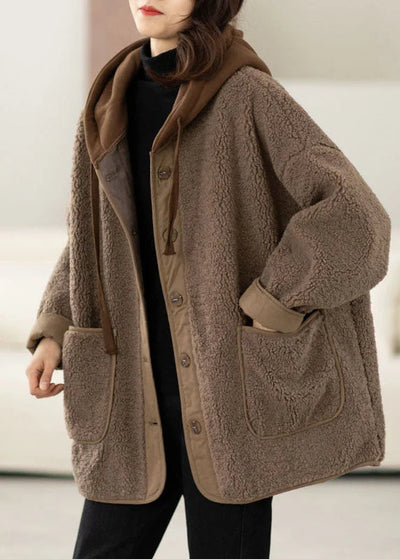 Brown Winter Coat with Hood, Two-Piece Design and Adjustable Drawstring
