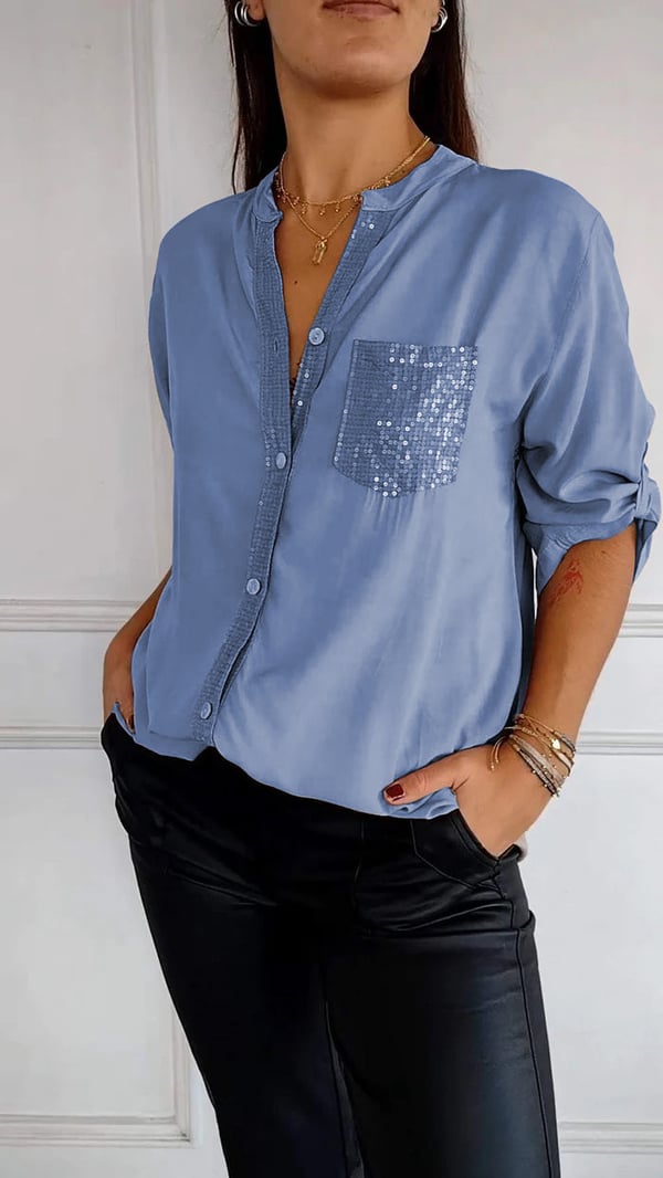 Malena - Cotton Leisure Top with V-Neck and Sequins and Mid-Length Sleeves