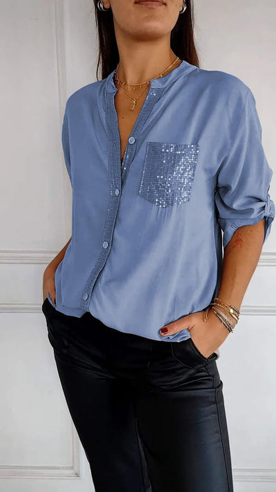 Malena - Cotton Leisure Top with V-Neck and Sequins and Mid-Length Sleeves