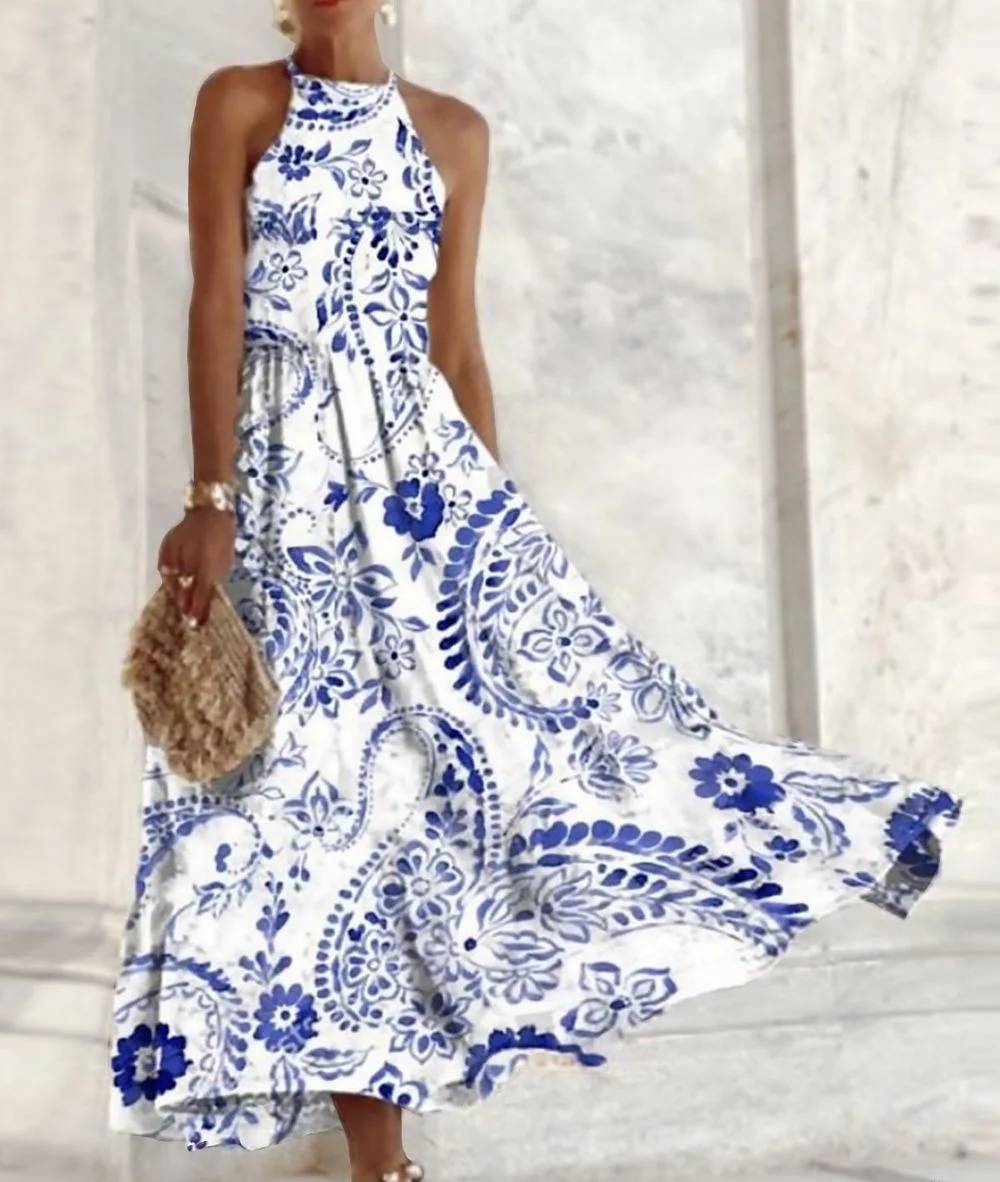 Lucia - Sleeveless Halter Neck Bohemian Tribal Floral Print Holiday Long Knit Dress