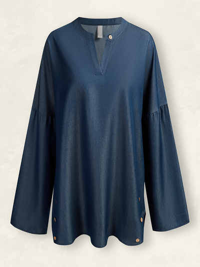Daniela - Women's Long Sleeve Blouse Spring/Autumn Simple Buckle Notched Everyday Going Out Casual Top Blue