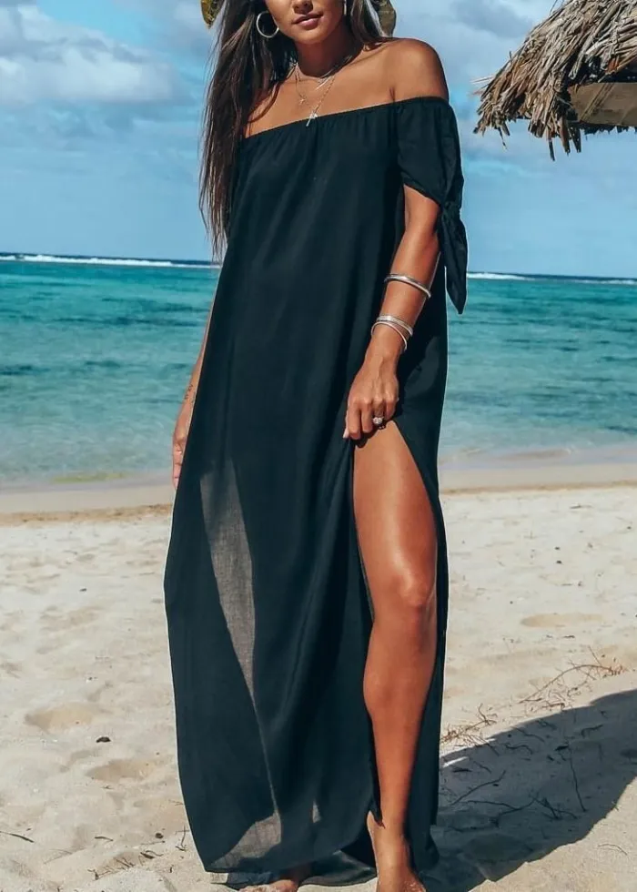 Irene - Women's Oversized Side Slit Maxi Dress, Off Shoulder Loose Dress