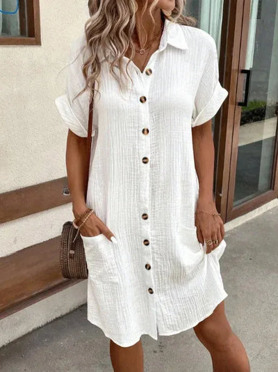 Karla - Cotton and linen shirt dress with lapels and short sleeves