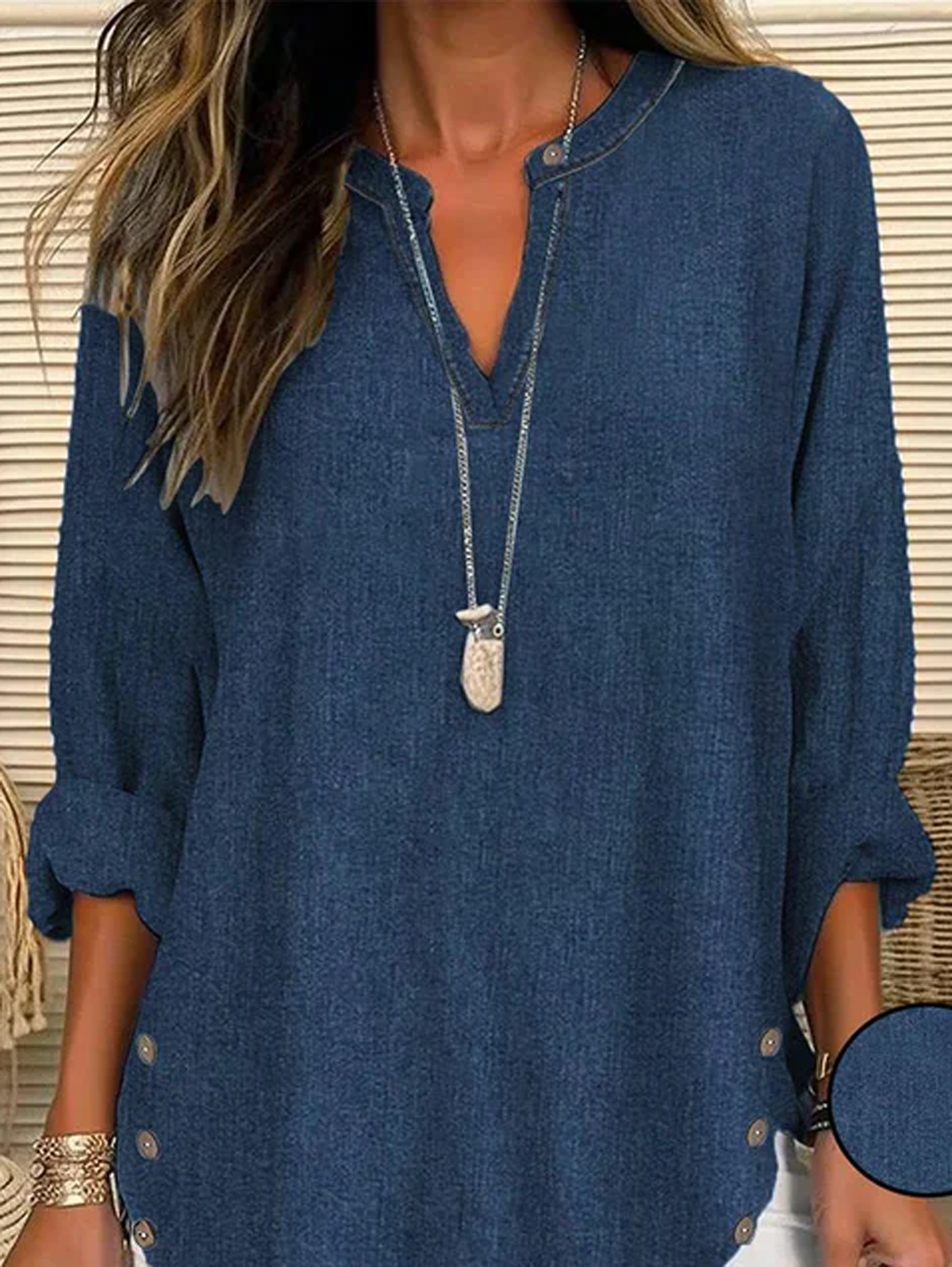Daniela - Women's Long Sleeve Blouse Spring/Autumn Simple Buckle Notched Everyday Going Out Casual Top Blue
