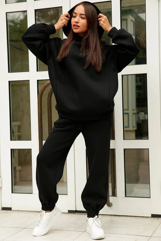 Hooded Sweatshirt and Elastic Waist Pants Set with Pockets