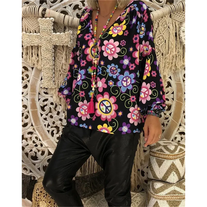 Abstract print button-down shirt with V-neck