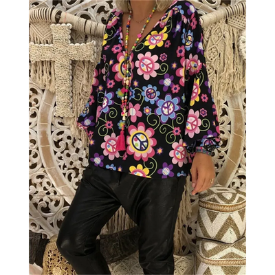 Abstract print button-down shirt with V-neck