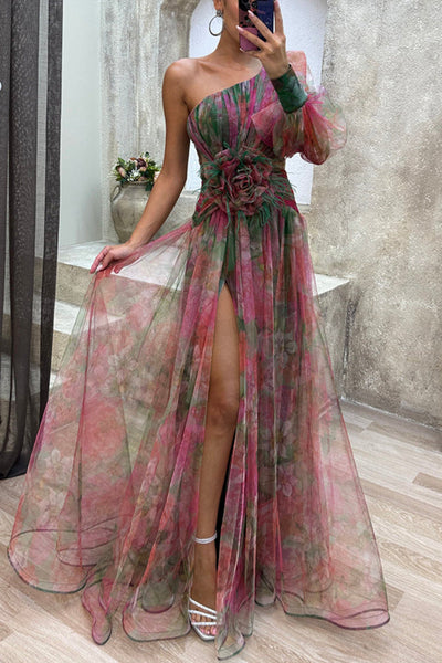 Janie - Elegant One-Sleeve Floral Print Dress