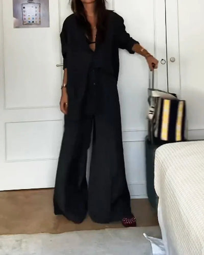 Modern two-piece set for women with solid-colored shirt and pants