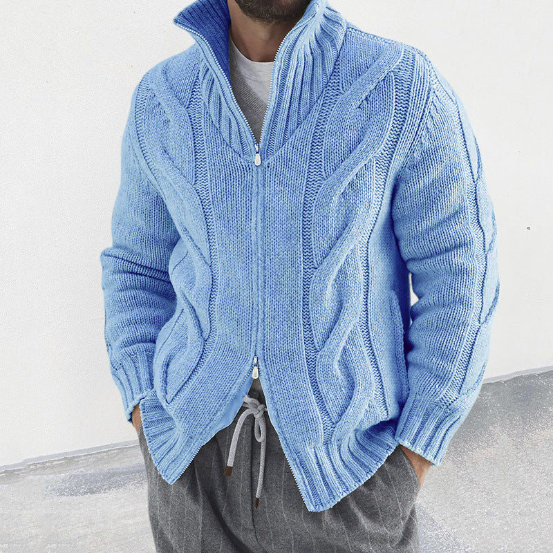 Men's Knitted Cardigan - Solid Color Design with Zipper and High Neck, Loose Fit