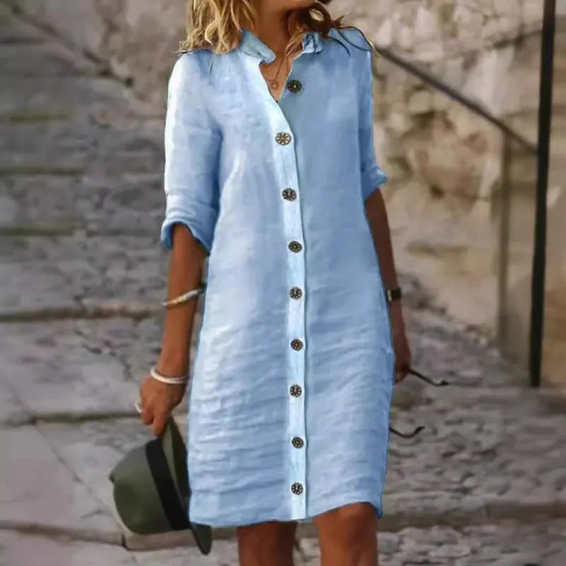 Amalie - Elegant Midi Dress with Front Button Placket for Casual and Women's Wear