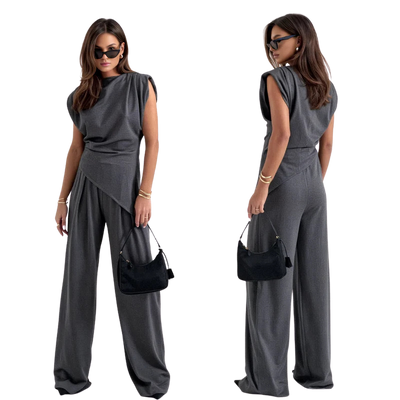 Women's casual set with asymmetrical blouse and wide-leg pants