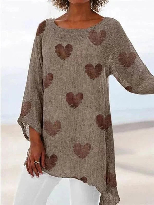 Colette - Women's cotton and linen T-shirt with heart print and round neck