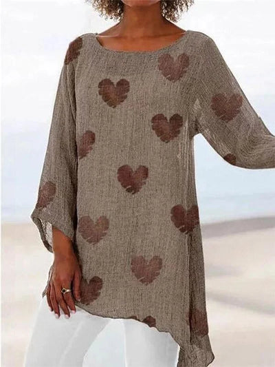 Colette - Women's cotton and linen T-shirt with heart print and round neck