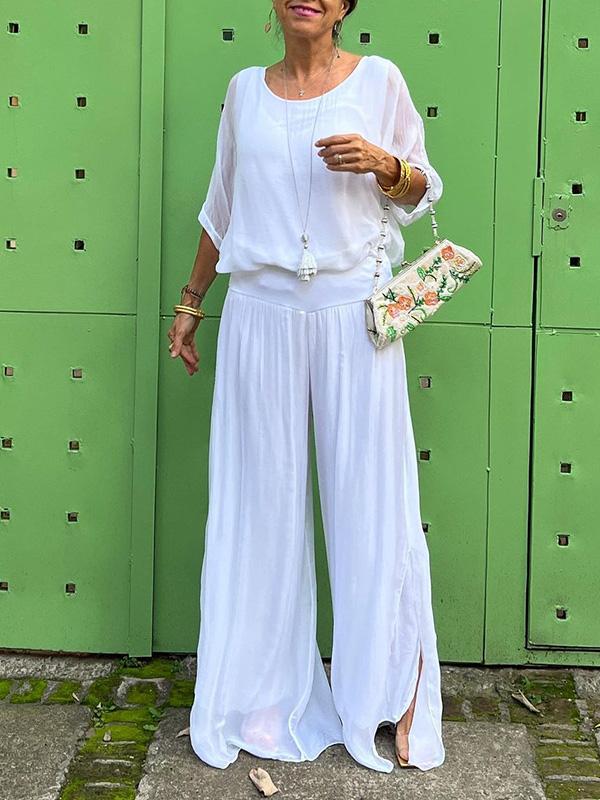 Marta - Elegant two-piece set with wide chiffon pants