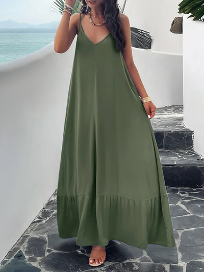 Heidy - Women's Loose Sleeveless Pleated Solid Color Split Spaghetti Neckline Long Dresses