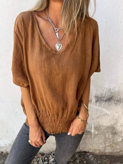 Jessica - Cotton and linen V-neck top with gathered hem