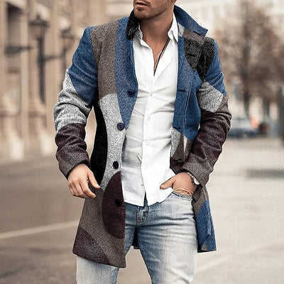 Men's Blue Geometric Print Coat - Stylish Outerwear for All Seasons