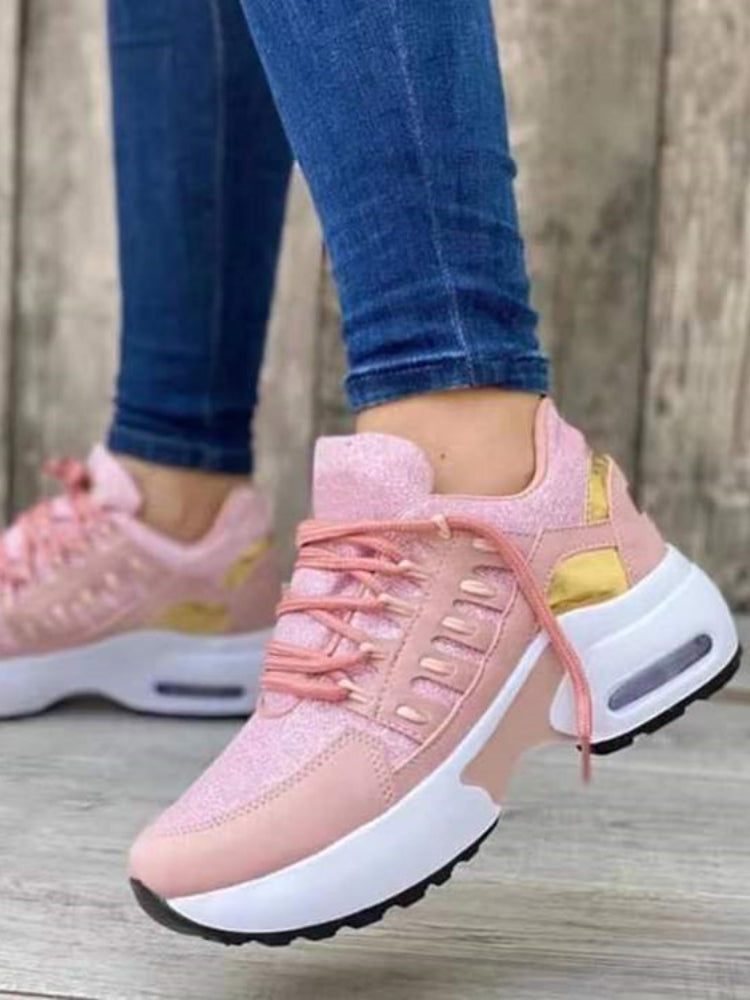 Women's Wedge Sneakers - Breathable Mesh Casual Shoes with Thick Sole and Lace-Up