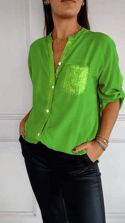Malena - Cotton Leisure Top with V-Neck and Sequins and Mid-Length Sleeves