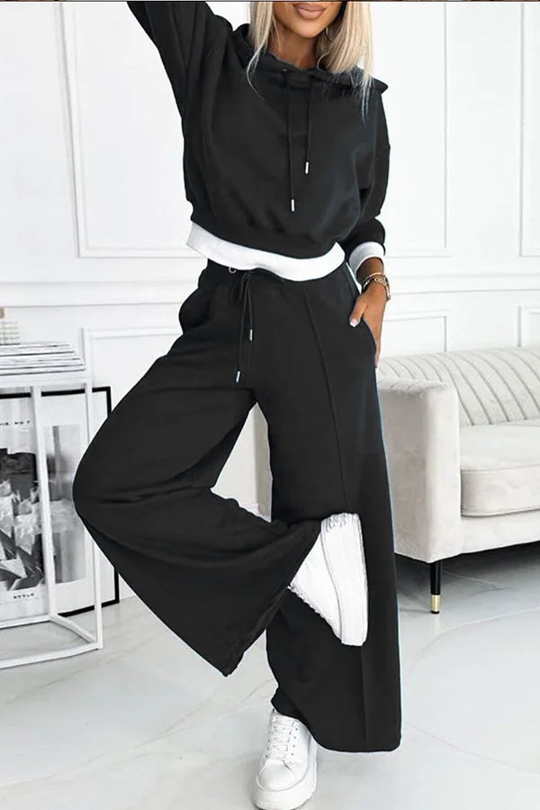Patchwork Hoodie and Elastic Waist Wide Leg Pants with Pockets Set