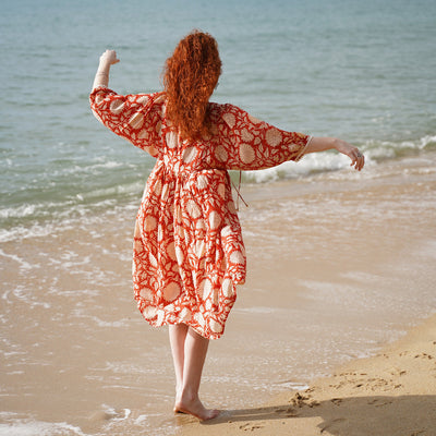 Floral print summer midi dress with three-quarter sleeves