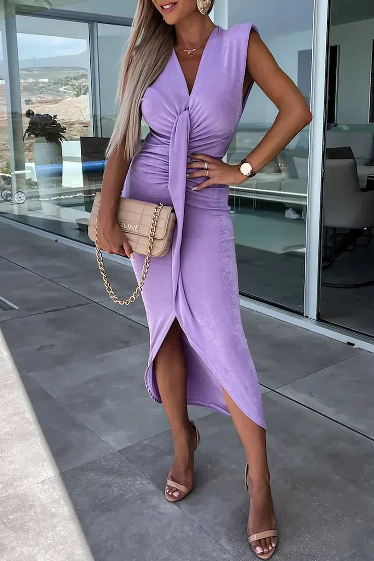 Elegant midi dress with an asymmetrical skirt and V-neckline, ideal for special occasions