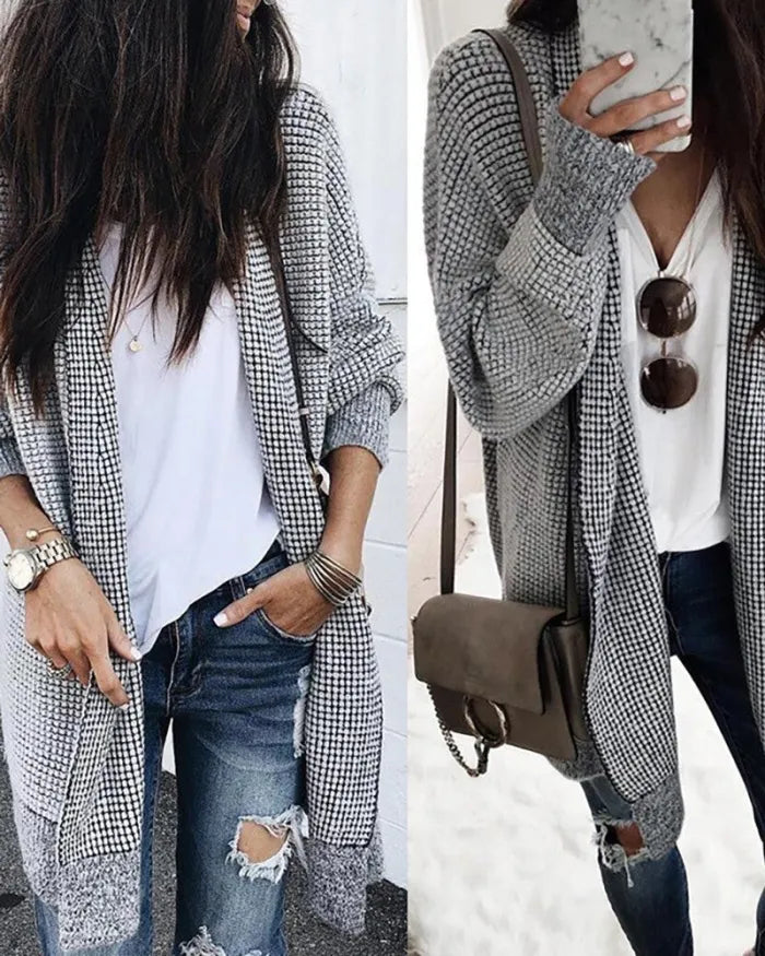 Women's long-sleeved plaid cardigan for a stylish look
