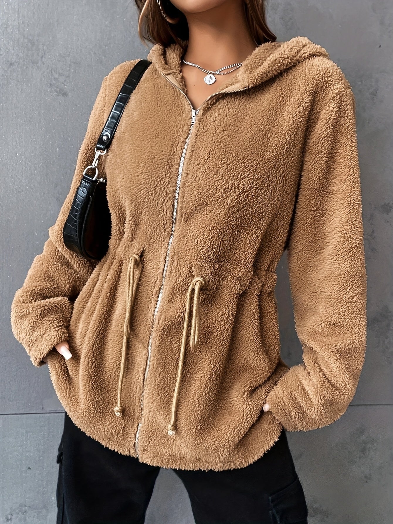 Women's Drawstring Hooded Teddy Jacket - Casual Zipper Outerwear