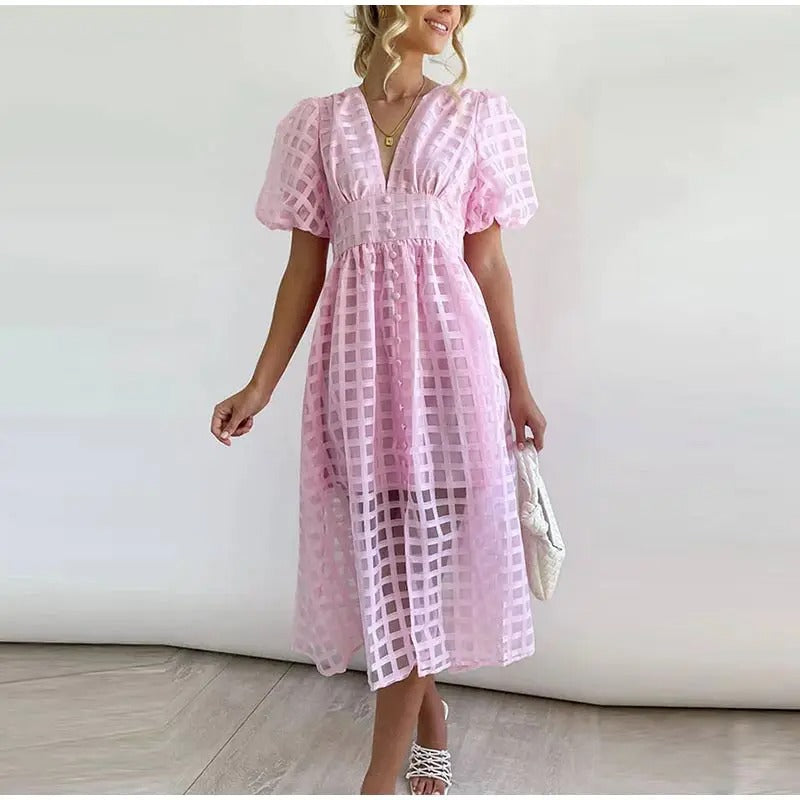 Elegant summer midi dress with short puff sleeves