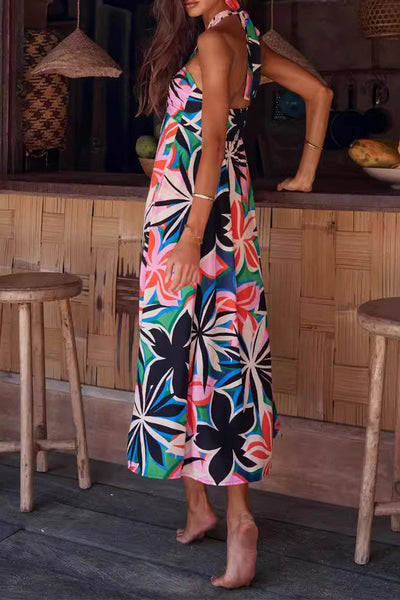 Carolina - Backless halterneck dresses with bohemian floral print