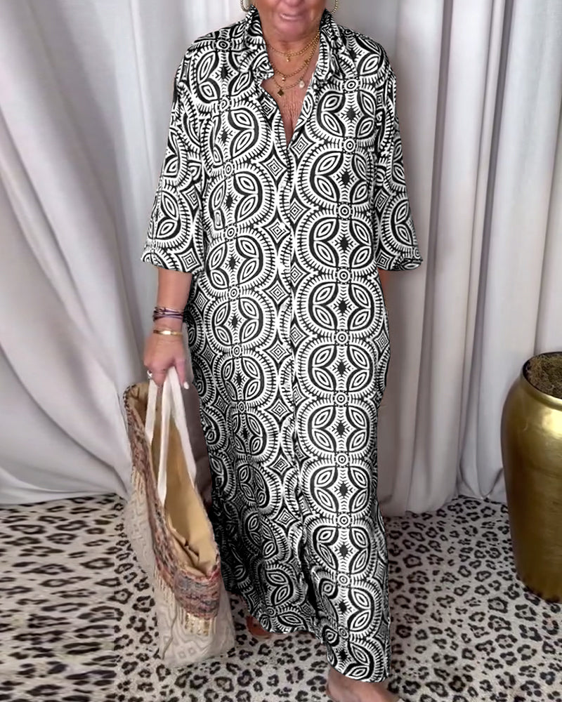 Martina - Long vintage print dress with flap pocket