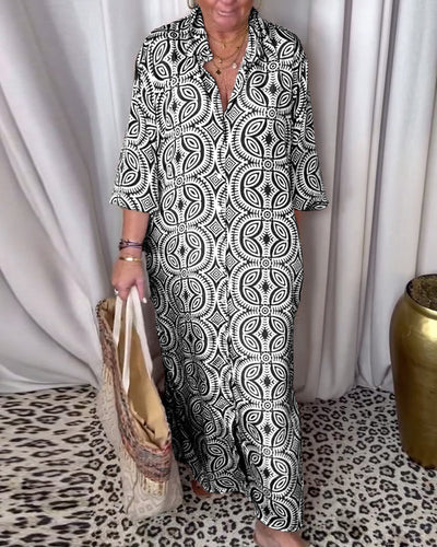 Martina - Long vintage print dress with flap pocket