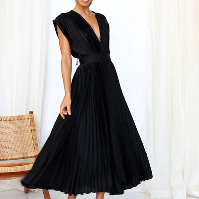 Pleated midi dress with a V-neckline and elegant short sleeves
