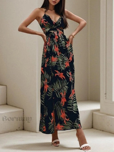 Emely - Printed dress with open back and butterfly knot detail and slit at neckline