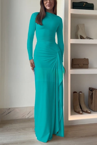 Elegant evening dress with long sleeves and draped