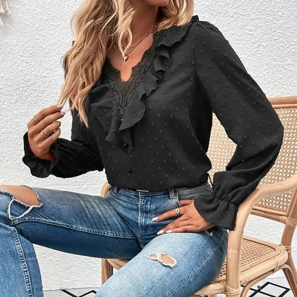 Micaela Boho Blouse with Swiss Polka Dots and Ruffled Lace