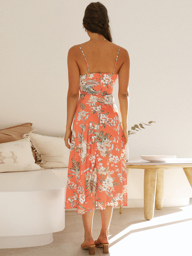 Domenica - Backless V-neck floral print maxi dresses