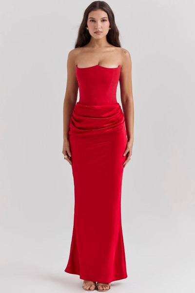Strapless corset design evening dress with delicate pleats