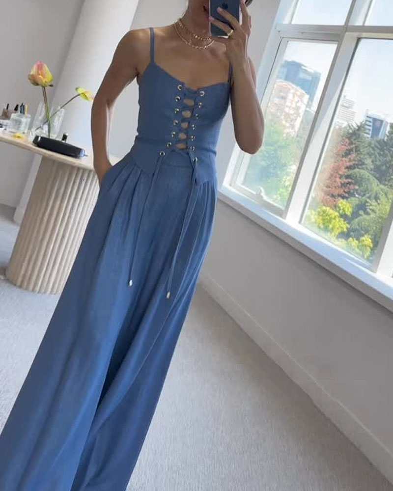 Two-piece set with a thin strap knotted top and flowing straight-leg pants