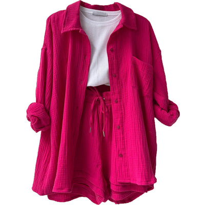 Women's summer set of flowing button-down shirt and matching shorts