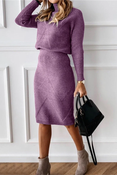 Women's Casual Two Piece Set with High Neck and Long Sleeves