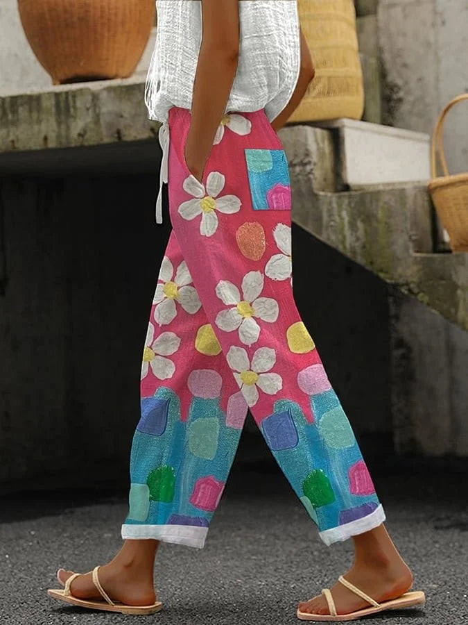 Eliana - Drawstring pants with an artistic oil painting print